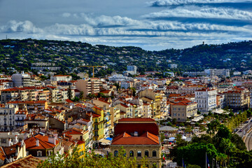 Cannes, France - September 7th 2024 : Beautiful cityscape on the morning. You can see some mountains in background.
