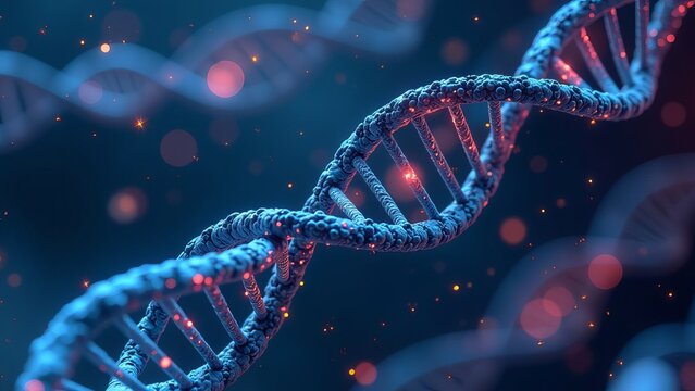 Biotechnology DNA molecule structure animation with particles, can be used to represent nucleotide genes or microscopic evolution DNA spiral