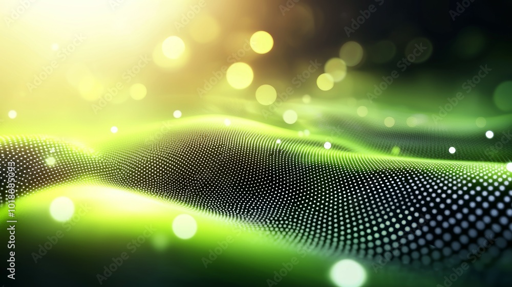 Poster a vibrant abstract landscape of glowing green and yellow patterns with dots and lights, evoking a se