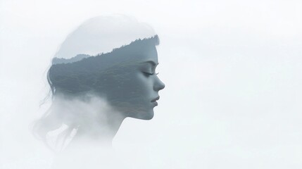 Enigmatic Double Exposure Portrait: Woman Blending with Misty Mountain Landscape - Ultra-Detailed Realistic Illustration