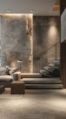 Elegant staircase leading to a modern living room with a raw wall in a stylish interior space