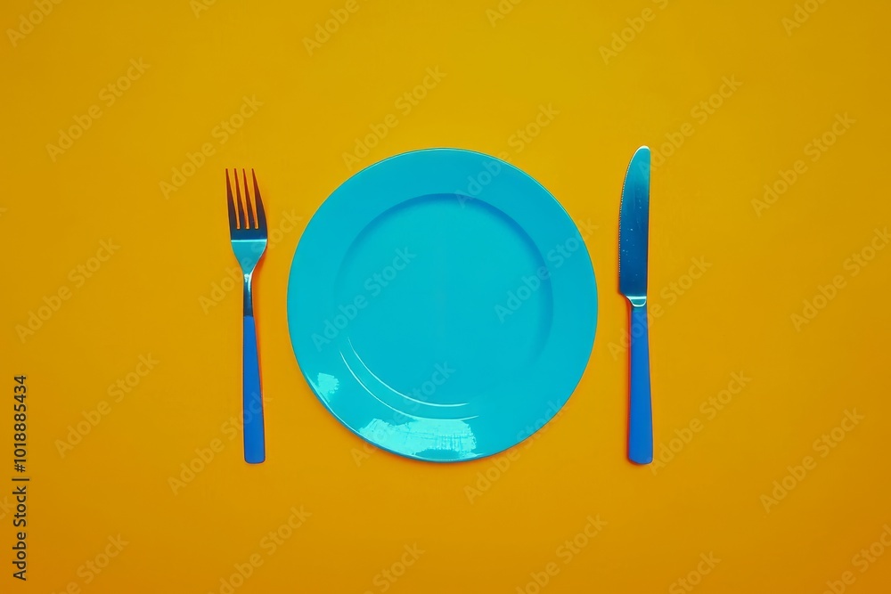 Aufkleber a flat lay of a table setting on an orange background. text space is available