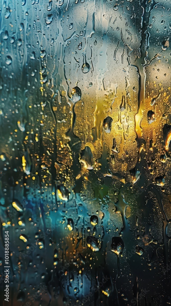 Poster close-up of raindrops on a window creating colorful reflections during a rainy afternoon