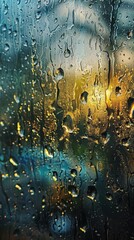 Close-up of raindrops on a window creating colorful reflections during a rainy afternoon