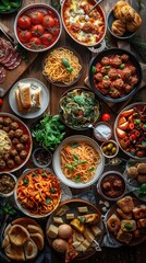 Fototapeta premium A delightful feast of traditional Italian and American dishes spread on a wooden table