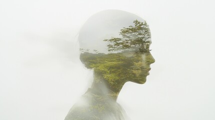 Ethereal Double Exposure Portrait of Woman Capturing Nostalgia and Reflection in Detailed Illustration of Merging Features with Foggy Landscape