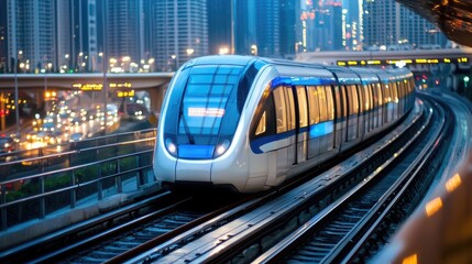 Naklejka premium Modern Train in Urban Cityscape at Night