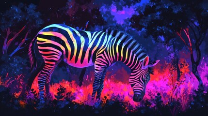 Fototapeta premium Neon Zebra in Enchanted Forest