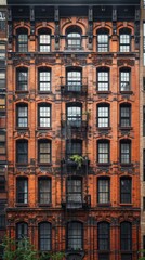 Obraz premium Tall brick building adorned with large windows in an urban setting, showcasing classic architecture