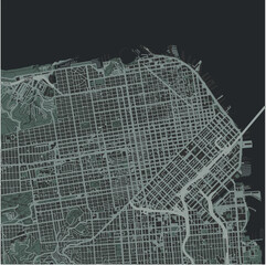 Map of San Francisco Center in California in a smooth dark style. Contains layered vector with roads water, parks, etc.