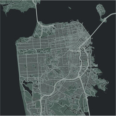 Map of San Francisco in California in a smooth dark style. Contains layered vector with roads water, parks, etc.