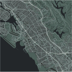 Map of San Leandro in California in a smooth dark style. Contains layered vector with roads water, parks, etc.