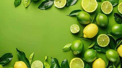 Vibrant green flat background with lime lemons scattered on the table surface with green leaves around. Gardening, diet, vit C and food banner with space for text, image and digital marketing content.