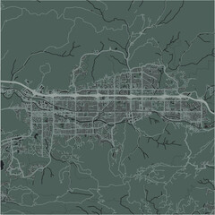 Map of Simi Valley in California in a smooth dark style. Contains layered vector with roads water, parks, etc.