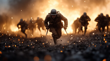 Troops sprint into battle under a blazing sky, determined and fearless, amidst explosions and rising smoke on a world war-torn landscape. Soldiers amid fiery backdrop in a Second World War movie scene