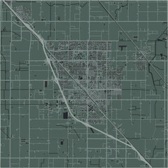 Map of Turlock in California in a smooth dark style. Contains layered vector with roads water, parks, etc.