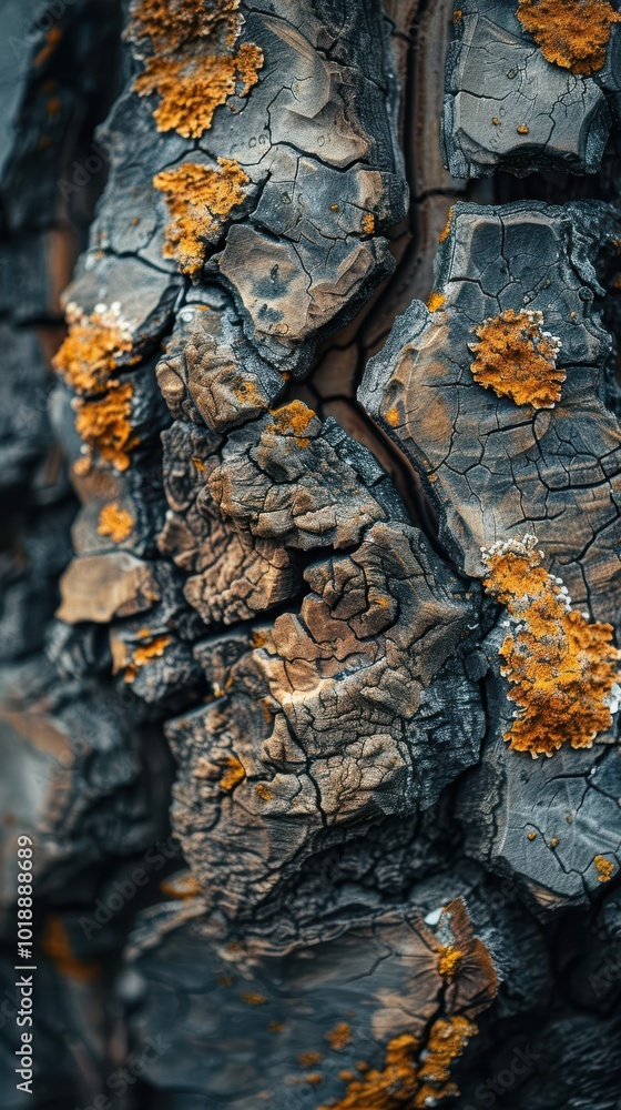 Poster close-up view of a textured tree trunk showcasing decay and lichen in a forest setting