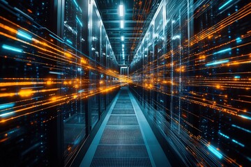 Fototapeta premium A data center visualized with vibrant lights and fast-moving lines, illustrating high-speed data transfer and technological advancement.
