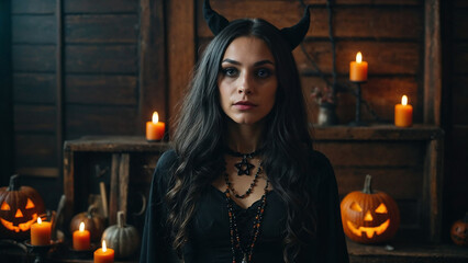 portrait of a woman in a witch costume for Halloween