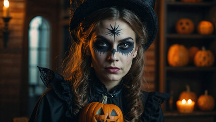 portrait of a woman in a witch costume for Halloween