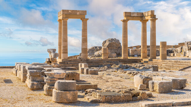 Ruins of ancient acropolis temple in Lindos, Rhodes, Greece