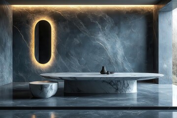 modern studio room showcasing a sleek 3d product presentation table against a matte black concrete wall featuring a pristine marble countertop mockup ready for design elements and branding