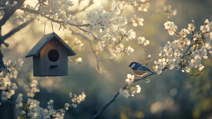 Charming birdhouse suspended from a tree amidst white blossoms with a bird perched nearby