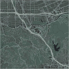 Map of Universal City in California in a smooth dark style. Contains layered vector with roads water, parks, etc.