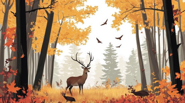 A serene deciduous forest habitat teeming with birds and graceful deer in their natural environment