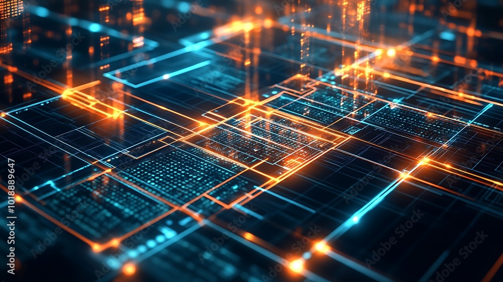 Poster abstract digital network with glowing lines and nodes in blue and orange colors.
