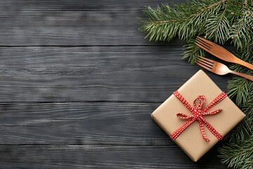 Merry Christmas and Happy New Year. Christmas table decoration. Christmas dinner plate and cutlery decorated festive decorations. Winter holidays. Holiday cards. Free text space.