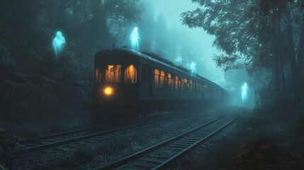 Naklejka premium Halloween Ghostly Train Ride: A vintage train traveling through a misty, haunted forest, with ghosts and spirits swirling around the glowing train