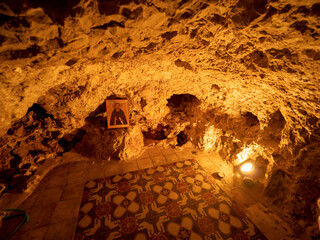 Cave at the monastery of Temptation on the mountain Karantal, Jericho, West Bank