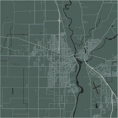 Map of Yuba City in California in a smooth dark style. Contains layered vector with roads water, parks, etc.