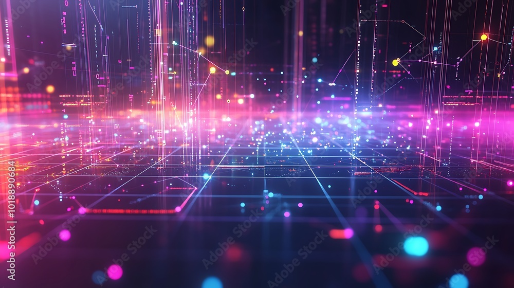 Poster abstract digital city with glowing lines and dots in purple and pink, representing data and technolo