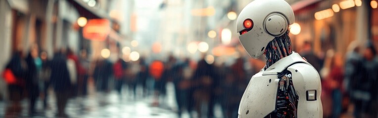 Humanoid robot standing in a busy urban street on a rainy day, surrounded by people
