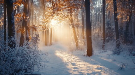 Fototapeta premium Enchanting winter forest soft hues illuminate the serene landscape of tranquil woods