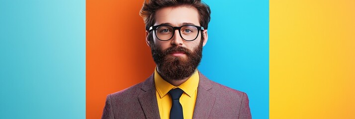 A trendy, bearded gentleman wearing glasses stands confidently in front of a bright, multicolored background.