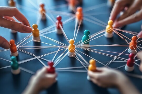 Colorful figures connected by strings, depicting networking and interaction within a social framework model.