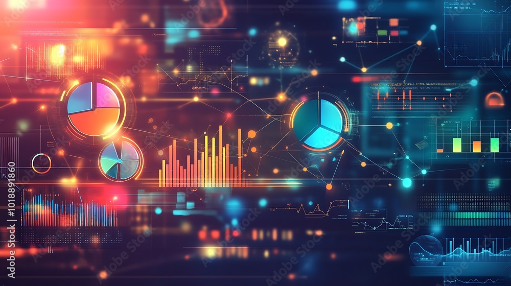 Poster Abstract digital background with colorful graphs and charts, connected by glowing lines on a dark background.