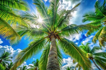 Lush Coco Tree with Green Leaves Against a Bright Blue Sky in a Tropical Paradise Setting