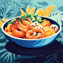 A colorful shrimp dish against a beautiful tropical backdrop