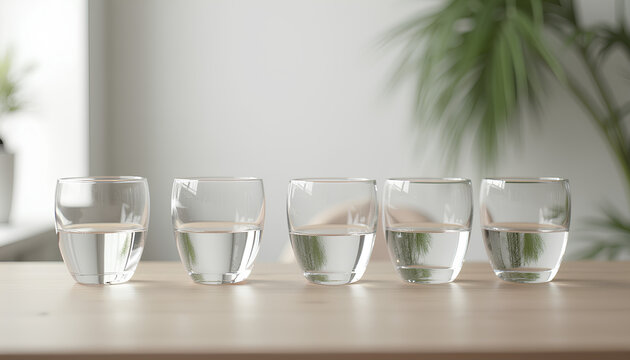 glasses of water of the same size arrange in a row on a table in a minimalist dining room