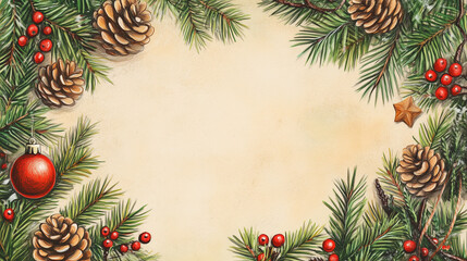 モミの枝と松ぼっくりと赤い実のクリスマスフレーム背景素材 色鉛筆イラスト