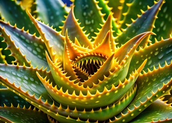 Fototapeta premium Lush golden tooth aloe plant showcasing vibrant green leaves with unique serrated edges in sunlight