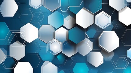 Abstract geometric pattern of hexagons in blue, white, and gray colors.