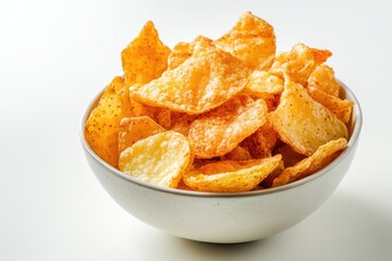 Fried seasoned potato chips in a bowl on white background. Traditional country style cuisine