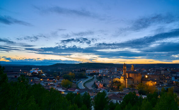 Elciego, Alava, Spain - November 24, 2018 - Winter sunset from the top of Elciego