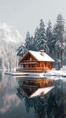 Fototapeta premium A cozy wooden cabin by a tranquil lake surrounded by snow-covered trees in winter