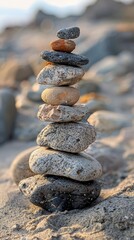 A unique tower of carefully stacked rocks on a tranquil sandy beach at sunset